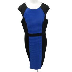 London Style Career Stretch Sheath Dress Size 16 Knee Length Illusion Blue Black